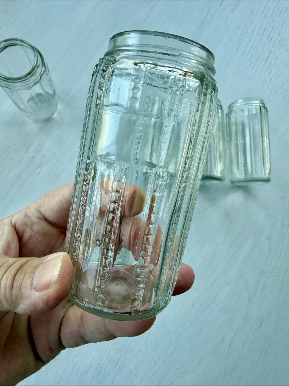 VINTAGE, SET/5, HOOSIER CABINET CLEAR GLASS SPICE JARS